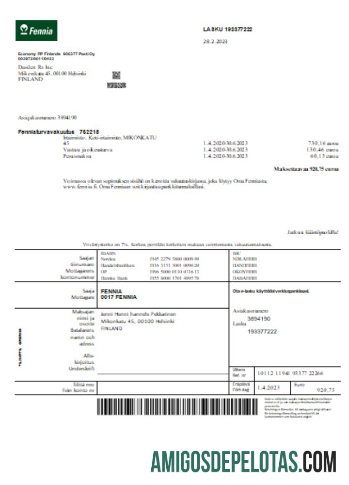 Projeto de lei comercial da Fennia Insurance Company, SCR exemplo real